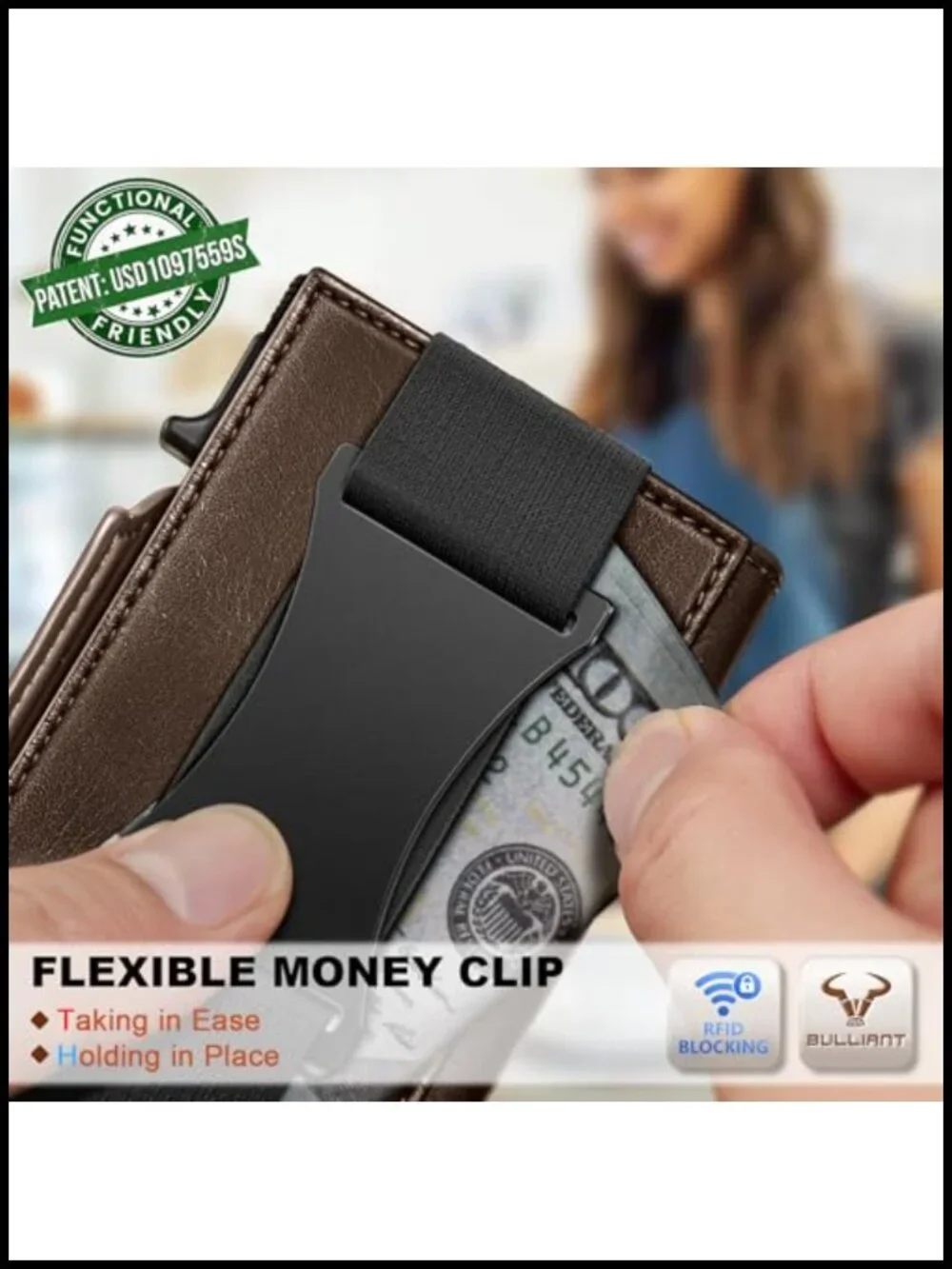 Men's Slim Leather Wallet with RFID Blocking & Money Clip, Pop-up Access